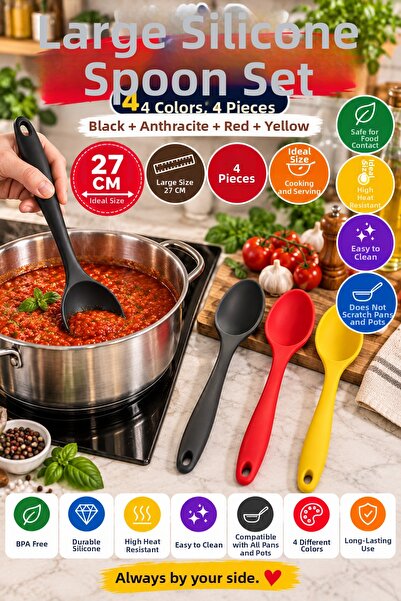 OpenCity Set of 4 Black Anthracite Red Yellow, Large Size Silicone Spoons 27 ...