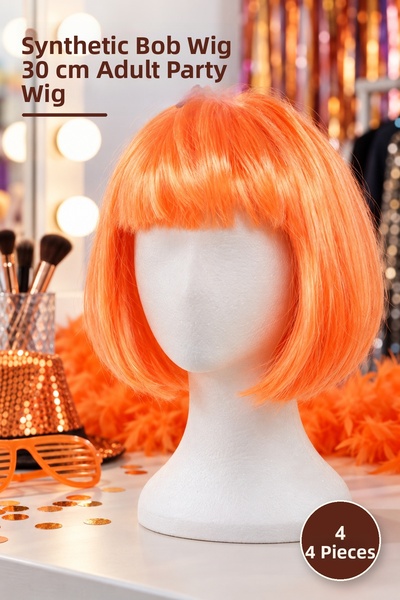 Yenilig 4 short bob party wigs - synthetic orange hairpiece 30 cm adult party...