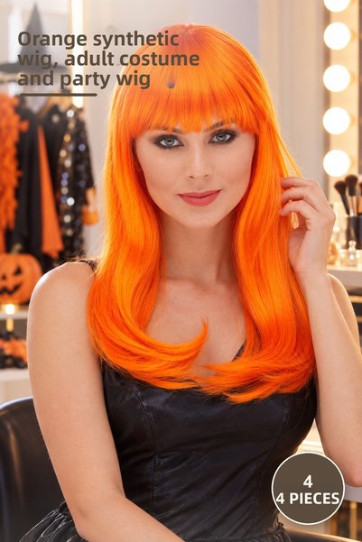 Yenilig 4pcs long straight party wigs - orange synthetic fake hair, adult cos...