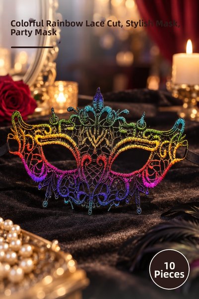 Yenilig 10 Pieces of Lace Embroidered Prom Party Mask – Colorful Rainbow Lace...
