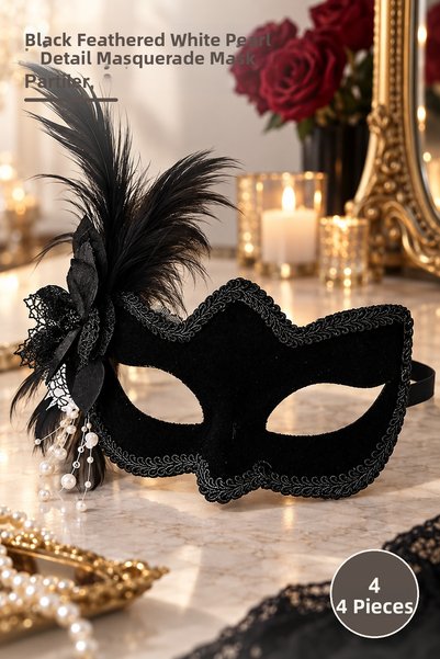 Yenilig 4 Pieces Suede Covered Party Mask – Black with Feather Trim and White...