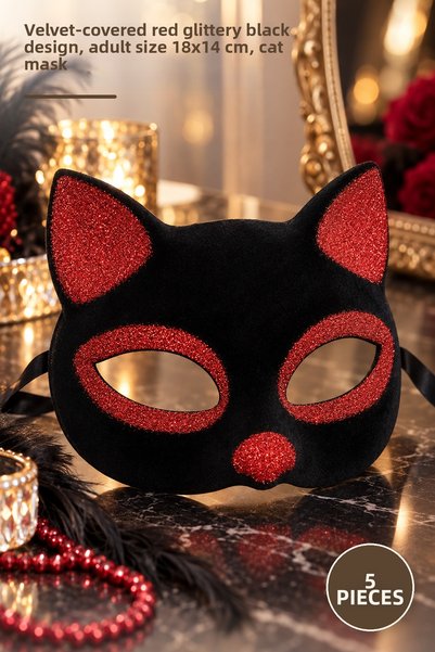 Yenilig 5 Pieces Cat Mask – Suede Coated Red Glitter Black Design, Adult 18X1...