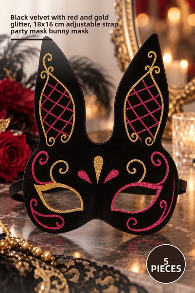Yenilig 5 Pieces Rabbit Mask – Black Suede Coating Red Gold Glitter 18X16 cm ...