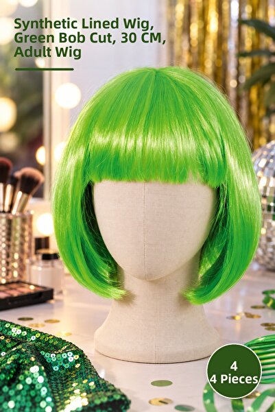 Yenilig 4 short bob party wigs - synthetic lined hairpiece, green bob cut, 30...
