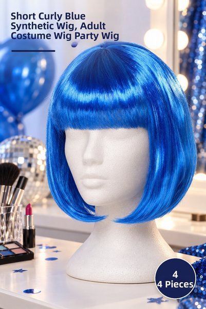 Yenilig 4-piece party wig set - short blunt blue synthetic hairpiece, adult c...
