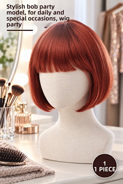 Yenilig 1 Κόκκινη Περούκα με Ίσια Κοπή – Lined Bob Party Style, Κατάλληλη για...