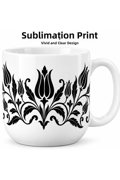 HiperAD Reklam Black Tulip Patterned Porcelain Mug 300 ml Ottoman Motif White...