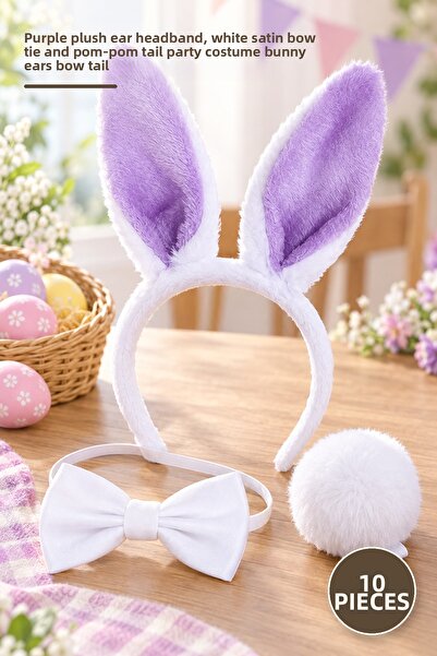 Yenilig 10 Pieces Rabbit Ear Headband Bow Tie Tail Set – Lilac Plush Ear Head...