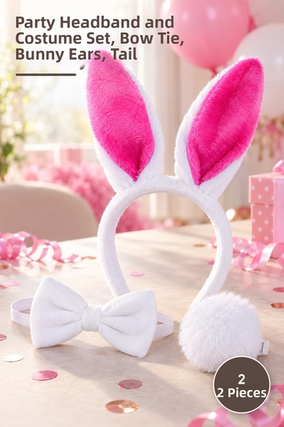 Yenilig 2 Pieces Fuchsia Rabbit Ear Bow Tie Tail – Party Crown and Costume Se...