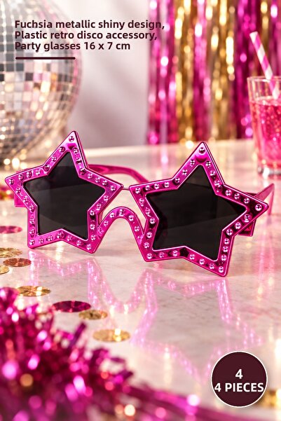 Yenilig 4 Pcs Star-Shaped Party Glasses – Fuchsia Metallized Shiny Design, Pl...