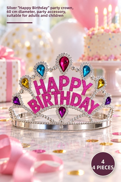 Yenilig 4 Pieces Birthday Crown - Silver Color'Happy Birthday' Written Party ...