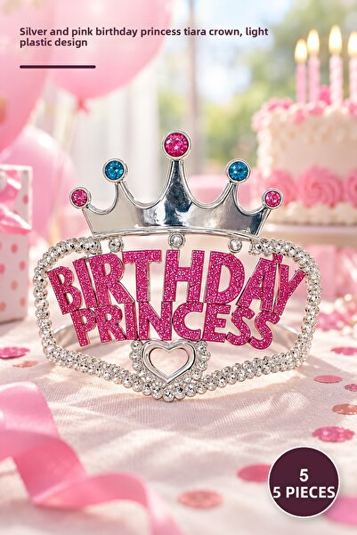 Yenilig 5 Pieces Children's Party Crown - Silver Color with Pink Birthday Pri...