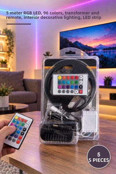 Yenilig مجموعة شرائط LED RGB 5 قطع Ct-4557 - 5 متر RGB LED 96 لون، محول وجهاز...