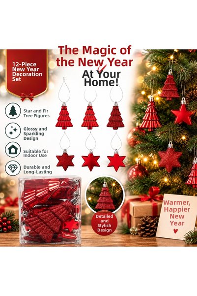 Altınkayaticaret Red Christmas Ornament Set 12 Pieces – Glittery Shiny Decoration Ornament with Star & Pine Tree Figures