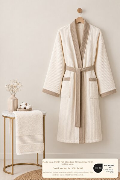 Ellaline 2 Piece Kimono Bathrobe Set 100% Cotton Certified Striped Contrast Unisex Bathrobe Set - Cream