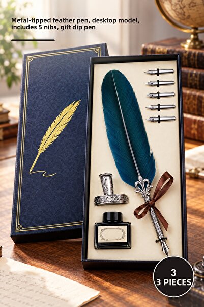 Yenilig 3-Piece Feathered Desktop Dip Pen Set – Feathered Pen with Metal Nib,...
