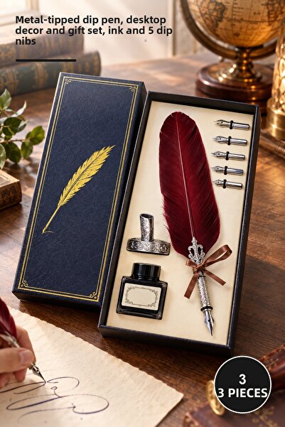 Yenilig 3-Piece Feather Dip Pen Set – Metal Tip Dip Pen, Desktop Decor and Gi...