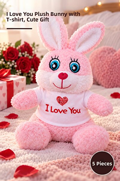 Yenilig 5 Pink Plush Rabbits – I Love You Plush Toy with T-Shirt, Gift Cute R...
