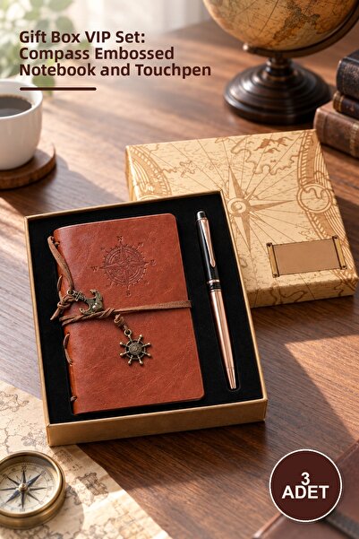 Yenilig 3-Piece Leather Compass Design Notebook and Metal Rollerball Pen Set ...