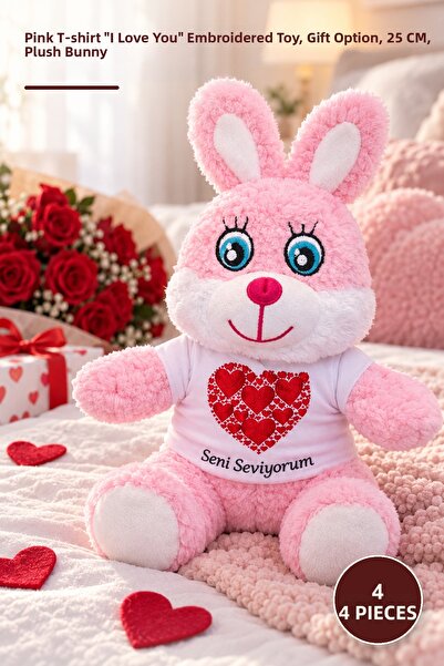 Yenilig 4 Plush Rabbits – Pink T-Shirt with'I Love You' Print Toy, Gift Optio...