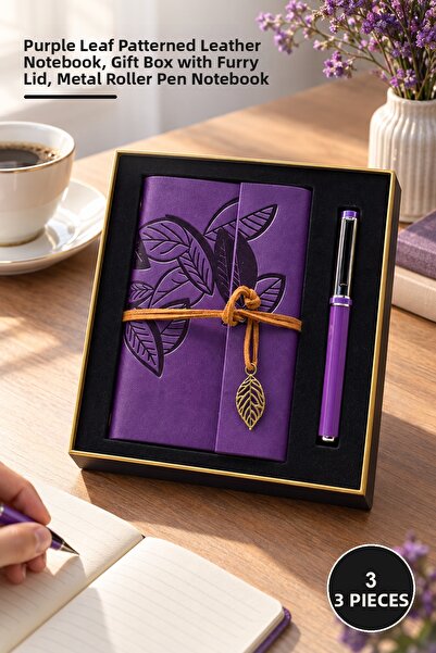 Yenilig 3-Piece Leather Notebook and Metal Roller Pen Set – Purple Leaf Patte...