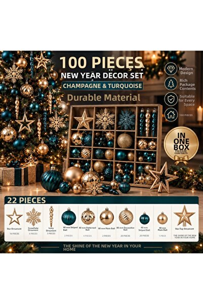 Altınkayaticaret 100 Piece Christmas Ornament Set Champagne Turquoise – Star ...