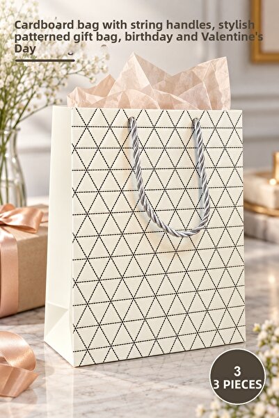 Yenilig 3 Pieces of Small Size White Patterned Gift Bags – Cardboard Drawstri...