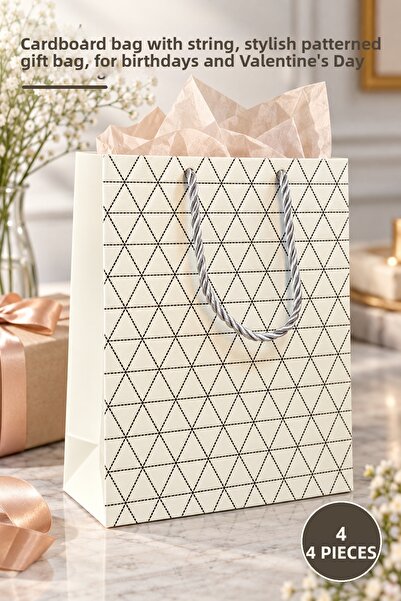 Yenilig 4 Pieces Small Size White Patterned Gift Bags – Cardboard Drawstring ...