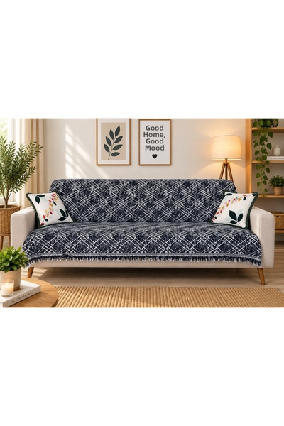 Bovia Home غطاء أريكة مخطط باللون الأزرق الداكن |   شال كرسي بذراعين مزين بالشراشيب |   مضاد للانزلاق وقابل للغسل 170x220