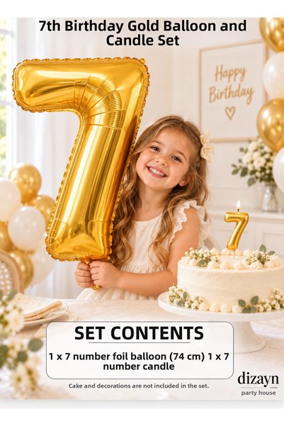 Dizayn Parti Evi 1-20 Years Old Gold Number Foil Balloon and Candle Set 74 cm...