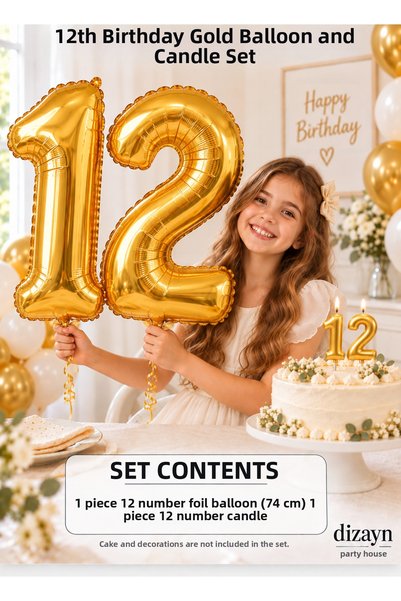 Dizayn Parti Evi 1-20 Years Old Gold Number Foil Balloon and Candle Set 74 cm...