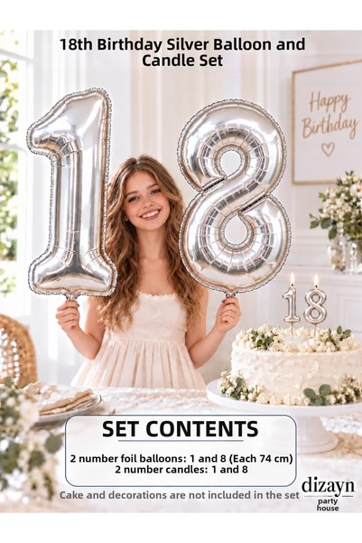 Dizayn Parti Evi 1-20 Years Old Silver Number Foil Balloon and Number Candle ...