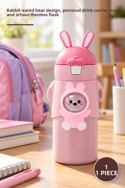 Yenilig 1 Piece Steel Thermos – Design with Rabbit Ears and Bear Figure, Pers...