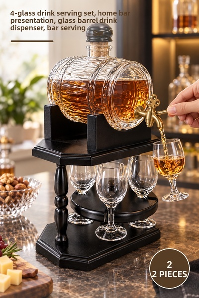 Yenilig 2 Glass Barrels with Wooden Stands – Liquor Serving Set with 4 Glasse...