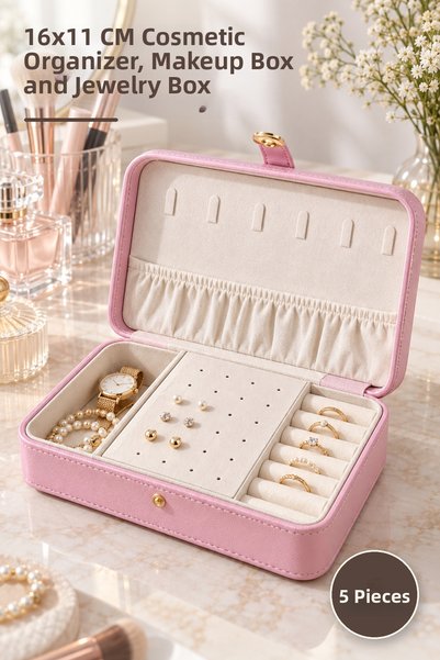 Yenilig 5 Pieces Leather Covered Makeup and Jewelry Box – 16X11 cm Cosmetic O...