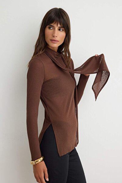 Trendyol Collection Brown Transparent Fitted Shawl Collar Standard Sleeve Lon...