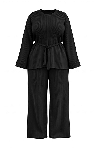 Trendyol Curve Black Corduroy Belted Pants & Sweater Knitwear Bottom - Top Se...