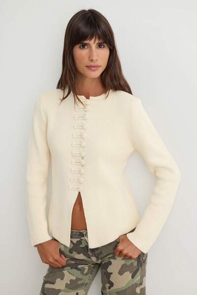 Trendyol Collection Stone Madarin/Trend Accessory Detailed Knitwear Cardigan ...