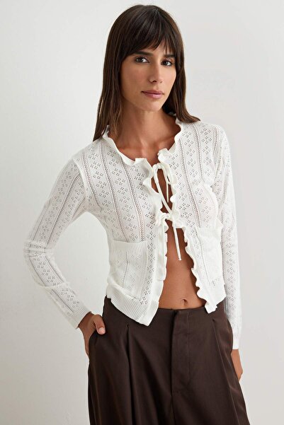 Trendyol Collection Ecru Flounced Special Yarn Openwork/Hole Knitwear Cardiga...