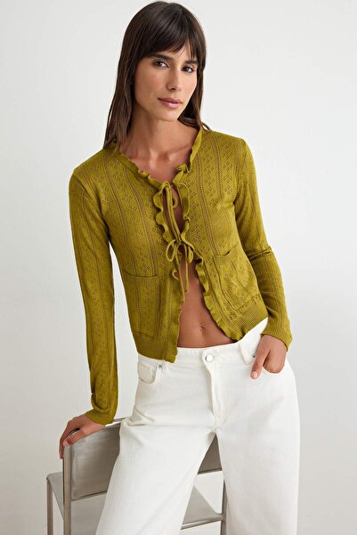 Trendyol Collection Oil Green Flounce Special Yarn Openwork/Hole Knitwear Car...