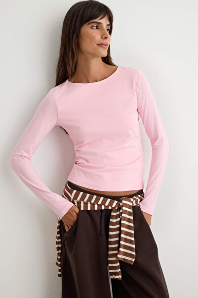 Trendyol Collection Light Pink Cotton Boat Neck Fitted/Fitted Stretchy Blouse...