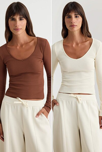 Trendyol Collection Brown-Stone 2-Pack V-Neck Fitted/Fitted Cotton Stretch Kn...