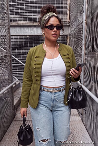 Trendyol Curve Khaki Button Closure Judge Collar Oversized Knitted Jacket Tbb...