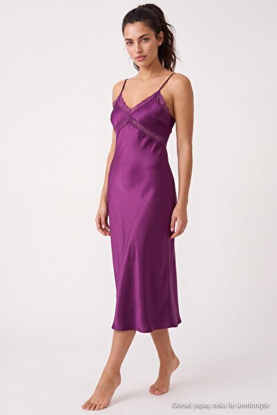 Trendyol Collection Purple Single 100% Polyester Plain Lace Satin Woven Night...
