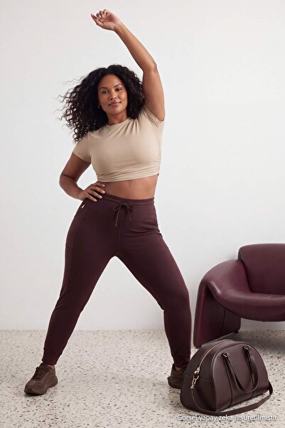 Trendyol Curve Brown Brushed Soft Fabric Knitted Sports Leggings with Pocket ...