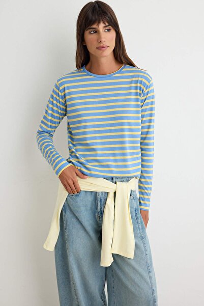 Trendyol Collection Blue Striped Regular/Normal Fit Basic Crew Neck Knitted T...