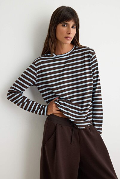 Trendyol Collection Brown Striped Regular Fit Basic Crew Neck Knitted T-Shirt...