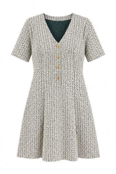 Trendyol Curve Beige V-Neck Tweed Skater Button Closure Knitted Plus Size Dre...