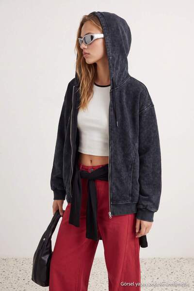 Trendyol Collection Black Thick Washed/Aged Effect Hooded Zippered Oversize K...
