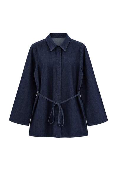 Trendyol Collection Dark Blue Denim Shirt with Tie Detail Twoaw27Go00117